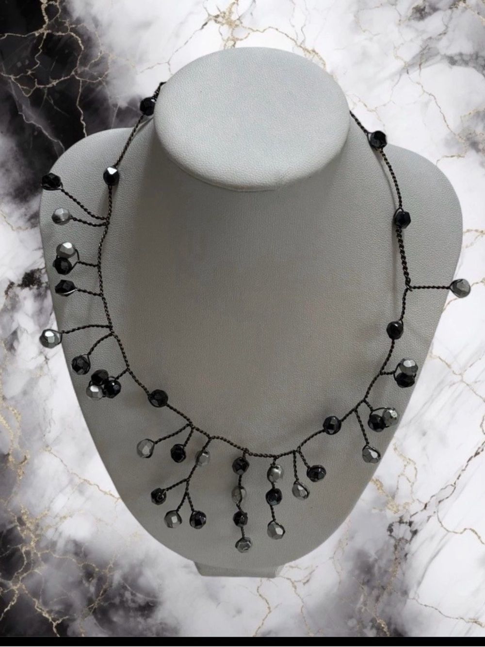 VTG Maria Grazia Musi Silver Tone Black Beaded Necklace Milano Italy, Signed